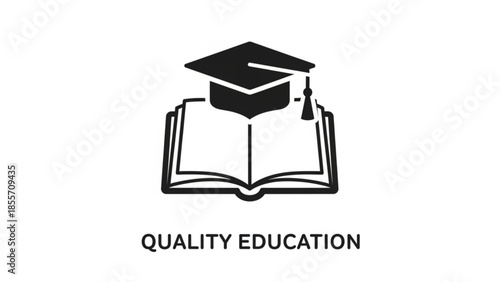 An open book with a graduation cap on top symbolizing quality education