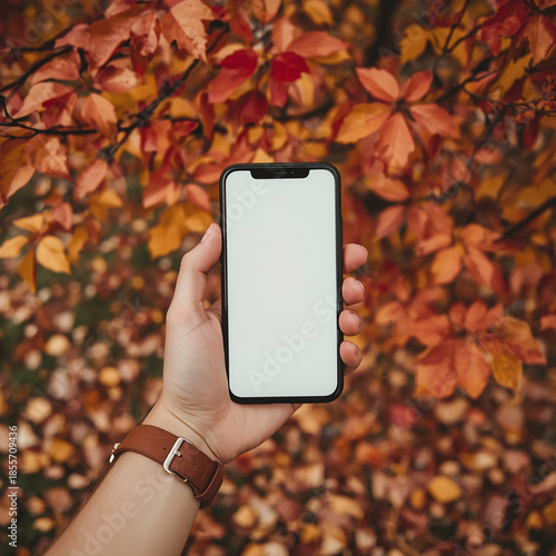 Autumn Phone Display: A person holds a sleek black smartphone displaying a blank screen, set against a backdrop of vibrant autumn leaves, creating a sense of connectivity and seasonal beauty.