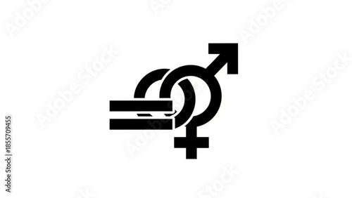 A black and white graphic illustration of gender symbols intertwined, representing equality and unity between men and women