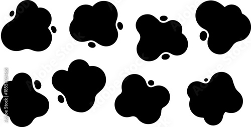Set of black organic liquid blobs and abstract fluid shapes with rounded edges isolated on white background for modern graphic design and minimalist branding projects.