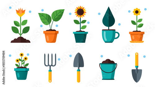 Vector illustration of gardening tools and flowers in pots, a vibrant vector scene