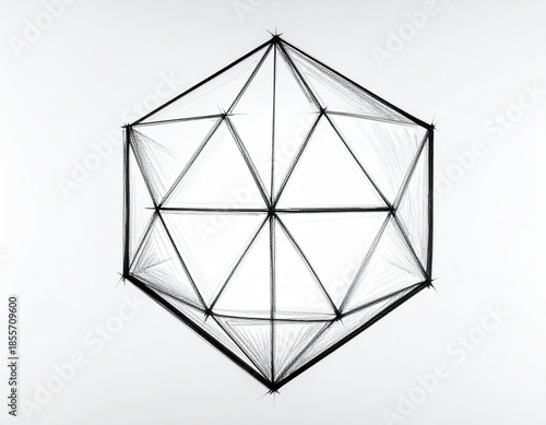 Hand-drawn, geometric form; a 3D polygon with triangular faces
