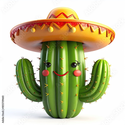 Cartoon cactus wearing a sombrero, smiling, and against a white background