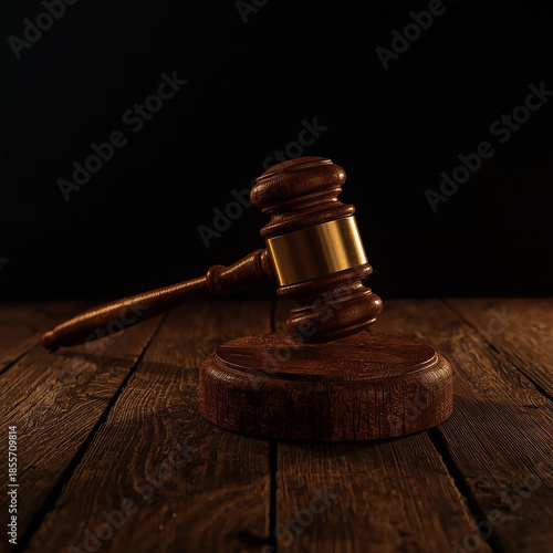 Symbol of Justice: A wooden gavel rests on its block, embodying the solemnity and authority of the legal system, signifying fairness and the pursuit of truth.