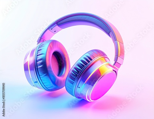 A pair of sleek, iridescent headphones on a gradient background