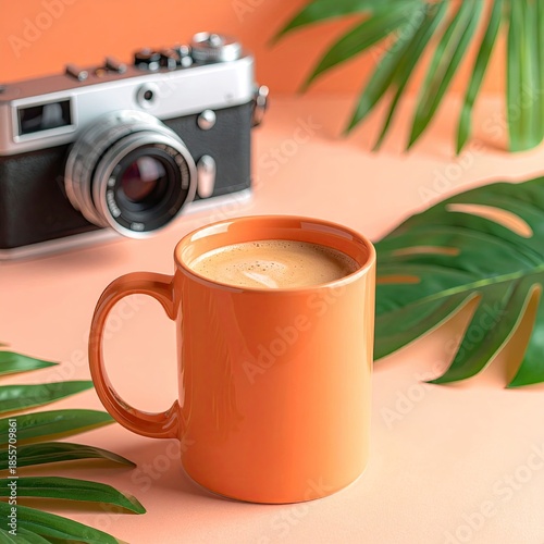 Coffee mug in focus with camera and tropical leaves on peach background