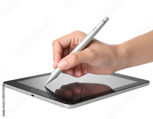Close-Up Hand and Stylus on Tablet Screen, Transparent PNG.
