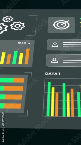 Vertical view of a data heavy business report screen featuring vibrant bar charts and key performance indicators.