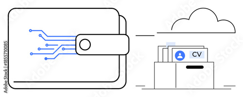 Digital wallet concept. A wallet connected to the cloud for data storage and secure CV management. Digital wallet ensures data protection and accessibility. For HR, fintech, cloud solutions, data