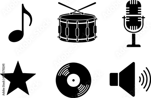 Set of six black minimalist music and audio icons including a musical note, snare drum, vintage microphone, star, vinyl record, and speaker on white background.
