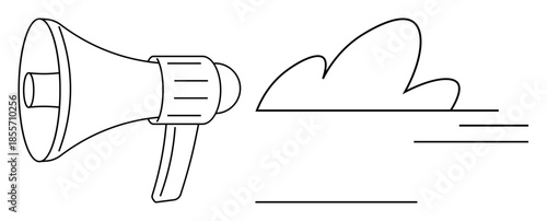 Marketing, advertising, communication, online messaging, digital media, express ideas. A megaphone directing sound toward a cloud. Marketing and advertising concepts