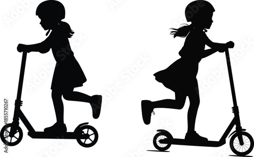 Child scooter silhouette, kids riding vector, outdoor play icon, safety helmet design, family activity, sports illustration, childhood motion graphic