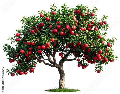Apple Tree Trunk and Lower Canopy with Hanging Red Apples, Side Angle, Transparent PNG.