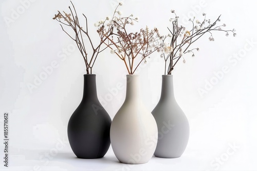 Modern minimalist neutral ceramic vases black cream grey Dried flowers on transparent background