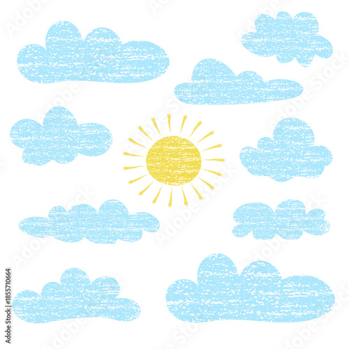 Cute color doodle Set soft cloud, sun elements in pastel chalk colors.Hand drawn child pencil bg. Crayon kid drawing.