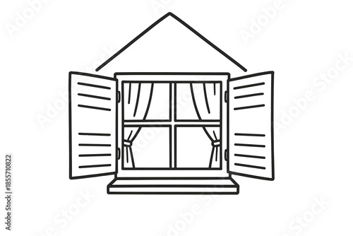 Open window with shutters and curtains