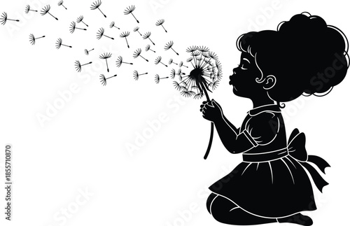 Child silhouette illustration, dandelion blowing art, innocence nature design, whimsical figure icon, playful childhood symbol, dreamy seasonal graphic