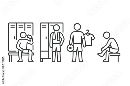 Locker room scenes with people in a thin line art style