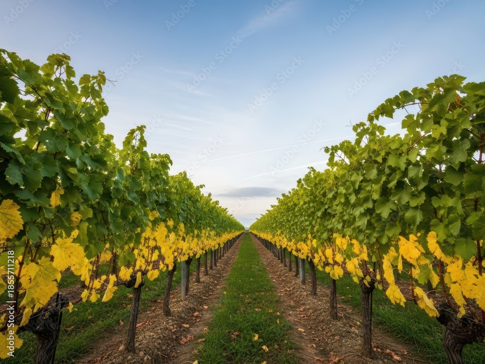 Fototapeta premium Rows of lush green grapevines with yellow leaves in a vineyard during daytime