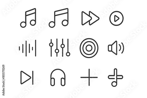 Set of thin line music and media icons on a gray background