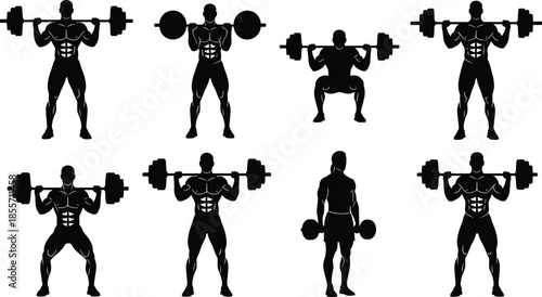 Fitness weightlifting silhouettes showing barbell squat strength training bodybuilding exercises, gym workout poses, muscular athlete illustration collection