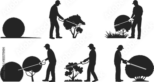Gardener trimming bushes silhouette set showing hedge cutting landscaping work outdoor maintenance activity, professional gardening tools, black vector illustration