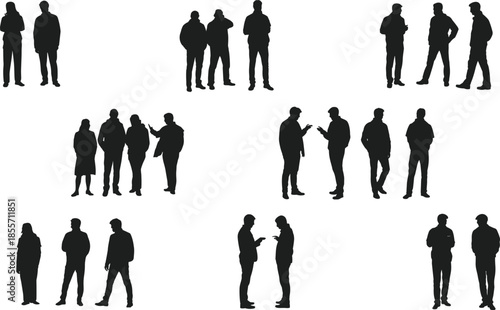 People silhouette groups showing casual standing, conversation, teamwork interactions, social communication concepts, male figures isolated on white background