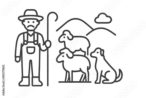 Sad Farmer with Sheep and Dog