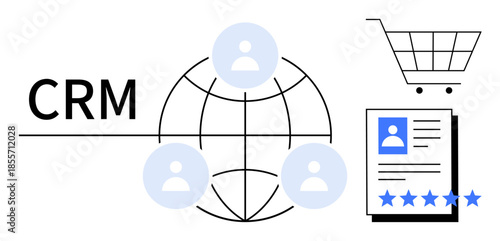 CRM concept with globe, connected user icons, customer profile document, and shopping cart graphic. Ideal for customer relationship management, e-commerce, marketing, data analysis, customer service