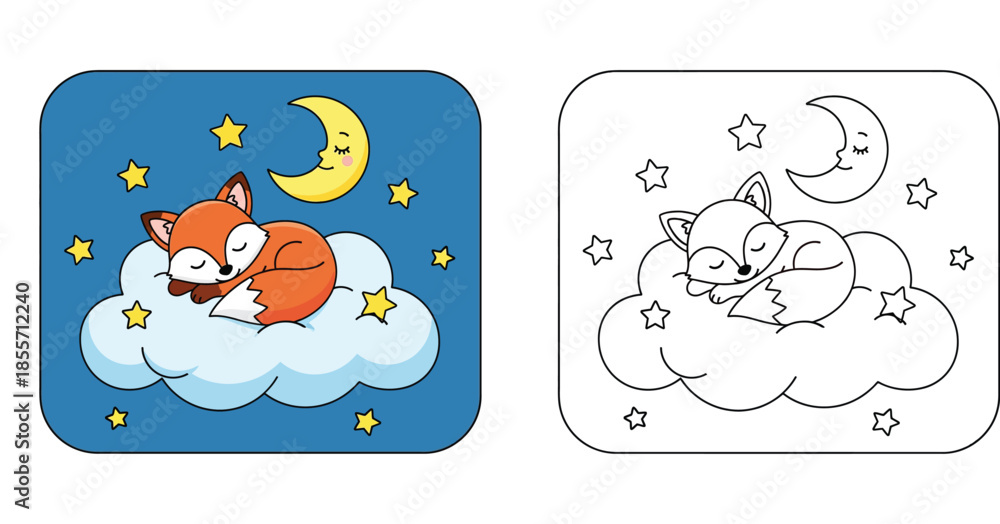 Fototapeta premium Cute cartoon fox sleeping on a cloud with moon and stars, colored and outline coloring book vector illustration