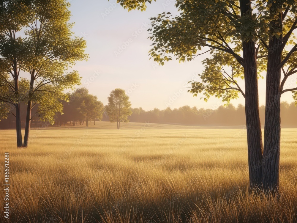 Fototapeta premium Golden field with trees at sunset or sunrise in rural landscape