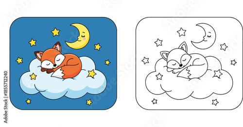 Cute cartoon fox sleeping on a cloud with moon and stars, colored and outline coloring book vector illustration