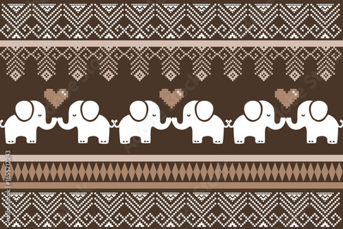 Elegant elephant ethnic pattern inspired by Asian traditional textiles, decorative geometric borders in brown tones, seamless vector design suitable for fabric, wallpaper, background, and print applic