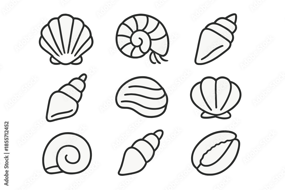 Fototapeta premium Collection of nine minimalist shell icons on a grey background