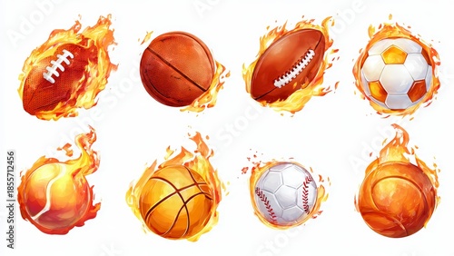 Set of Eight Fiery Sports Balls on Fire, Including American Football, Basketball, Soccer, Baseball, and Tennis Ball