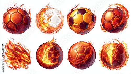 Fiery Soccer Balls Collection: Dynamic Collection of Soccer Balls Ignited by Flames, Symbolizing Passion and Energy in Sports