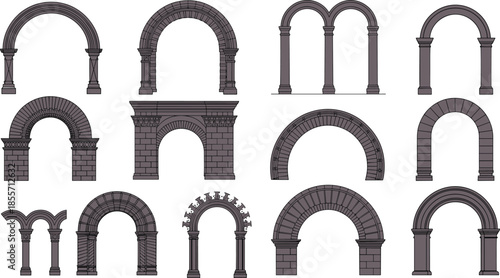 Collection of ancient stone and brick archway silhouettes isolated on white background for architectural design historic gateway concepts and construction industry icons