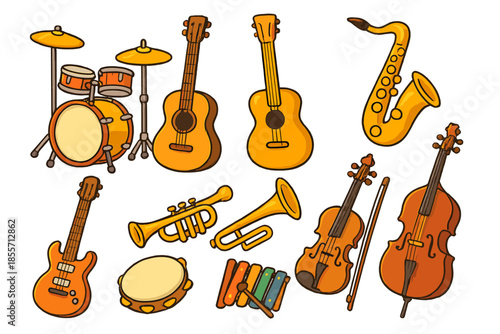 Collection of cartoon musical instruments on a brown background