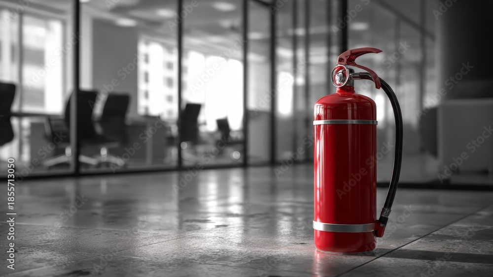 Obraz premium Red fire extinguisher standing on a polished concrete floor in a modern office interior with glass walls and blurred chairs