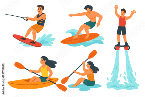Diverse group of people enjoying watersports and extreme activities