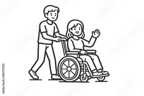 Man pushing woman in wheelchair and waving