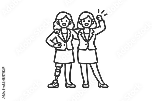 Two women in suits, one with a prosthetic leg, arm in arm