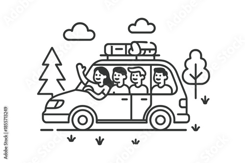 Family road trip in a car with luggage on the roof