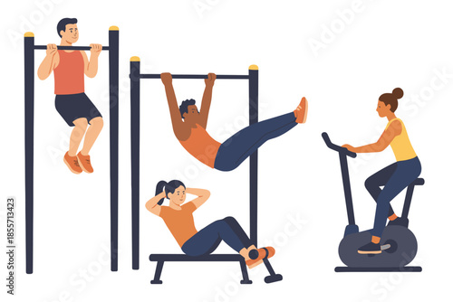 People exercising at an outdoor gym at night