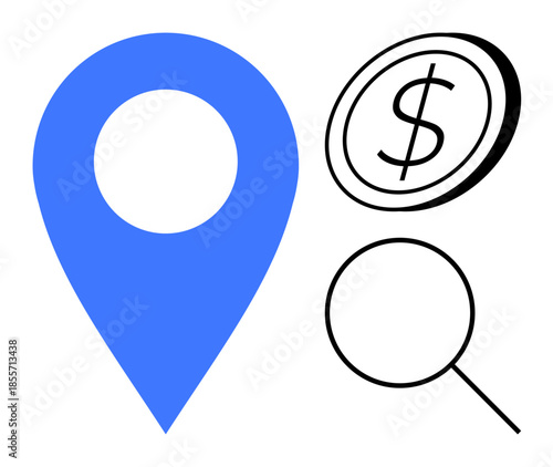 Navigation, financial services, search optimization, location-based marketing, e-commerce, tracking. Blue pin, dollar coin magnifying glass. Navigation and financial services illustrated