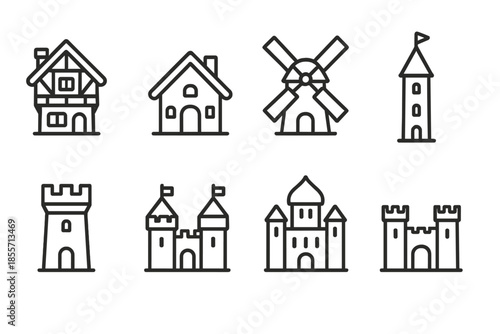 Medieval Buildings and Castles Line Icon Set