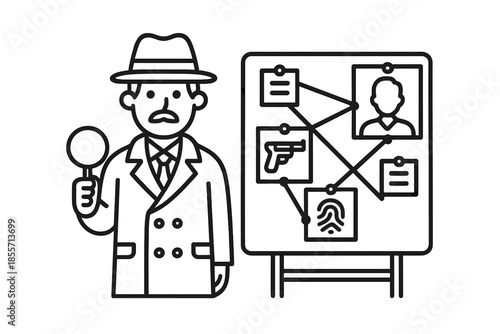 Detective with magnifying glass and crime investigation board