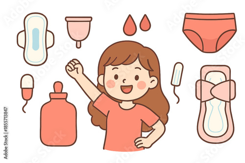 Happy cartoon girl with menstrual hygiene products