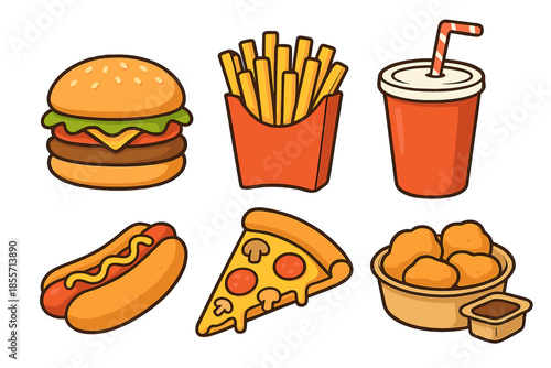 Fast food icons on a brown background