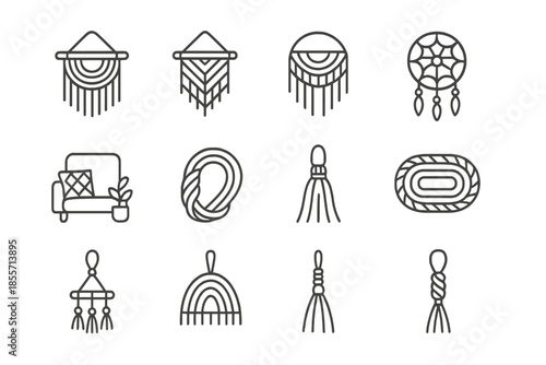 Macrame and bohemian home decor line icons on dark background